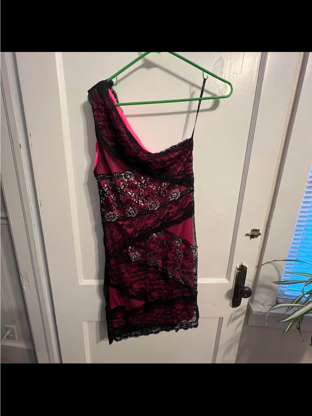 One-Shoulder Black Lace Overlay Pink Cocktail Dress